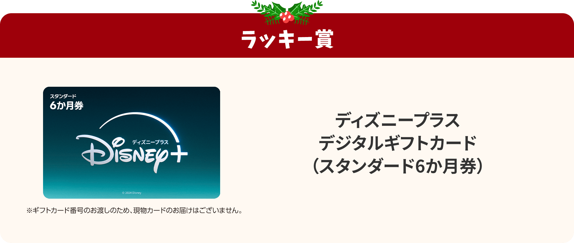 ラッキー賞 Disney+  デジタルギフトカード（スタンダード6か月券）※ギフトカード番号のお渡しのため、現物カードのお届けはございません。