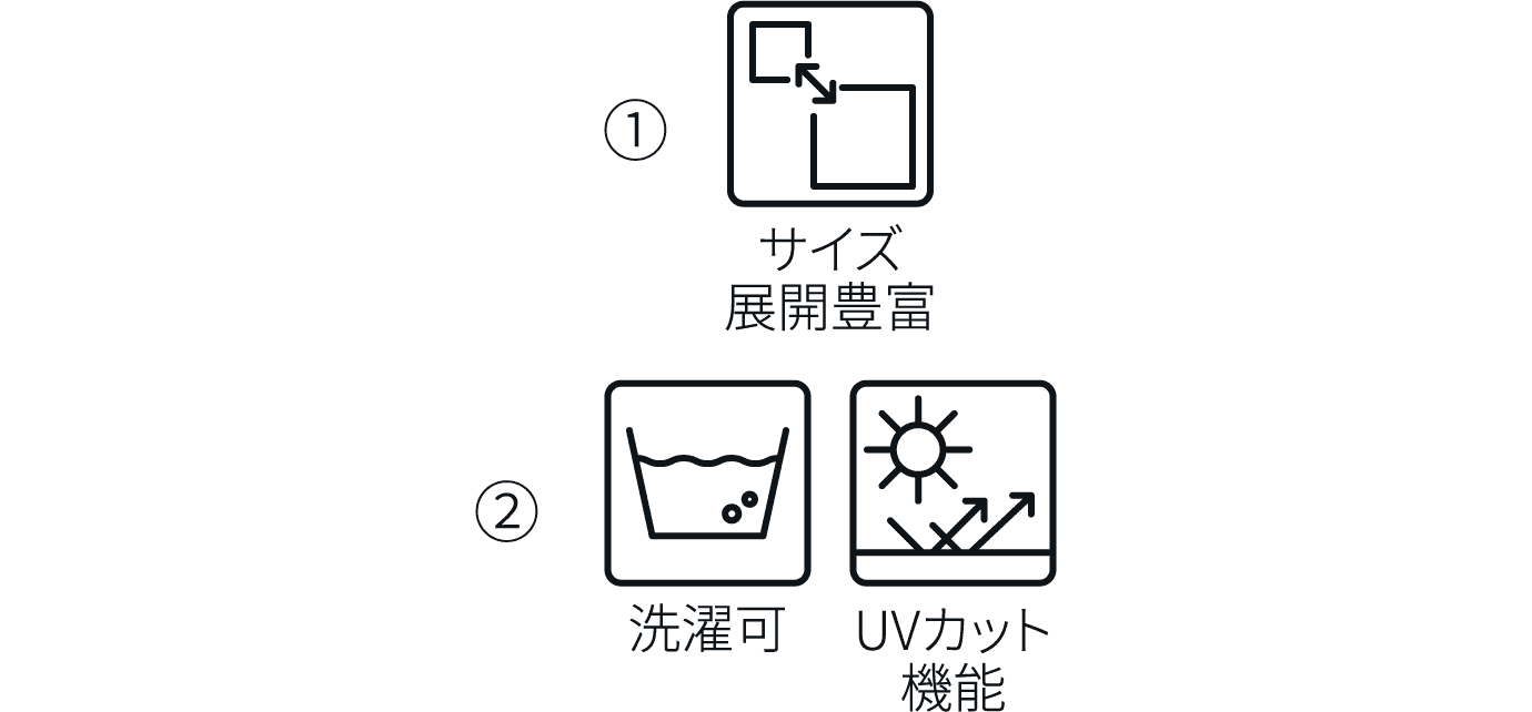①サイズ展開豊富 ②洗濯可 UVカット機能