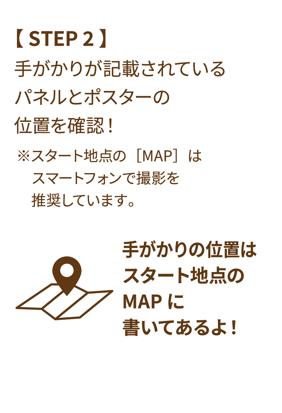 【 STEP 2 】手がかりが記載されているパネルとポスターの位置を確認！ ※スタート地点の［MAP］はスマートフォンで撮影を推奨しています。手がかりの位置はスタート地点のMAPに書いてあるよ！