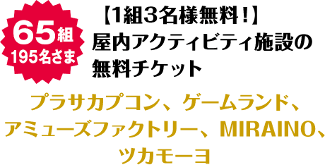 65組195名さま 【1組3名様無料！】屋内アクティビティ施設の無料チケット プラサカプコン、ゲームランド、アミューズファクトリー、MIRAINO、ツカモーヨ