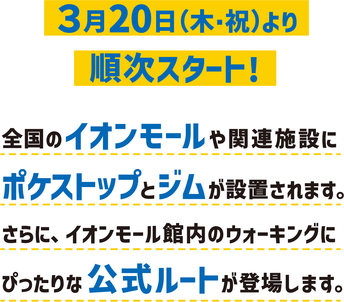 ３月20日（⽊・祝）より順次スタート! 全国のイオンモールや関連施設にポケストップとジムが設置されます。さらに、イオンモール館内のウォーキングにぴったりな公式ルートが登場します。