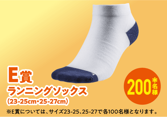 E賞 ランニングソックス（23-25cm・25-27cm） 200名様* ※E賞については、サイズ23-25、25-27で各100名様となります。