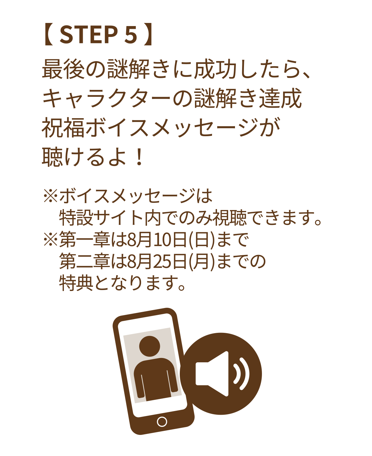 STEP5 最後の謎解きに成功したら、キャラクターの謎解き達成祝福ボイスメッセージが聴けるよ！ ※ボイスメッセージは特設サイト内でのみ視聴できます。※第一章は8月10日(日)まで 第二章は8月25日(月)までの特典となります。